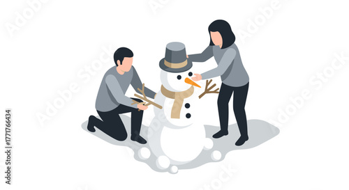 Family building snowman together fun winter activity in isometric style
