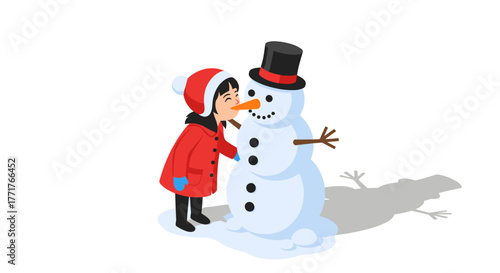 Child in winter coat building a happy snowman in isometric style
