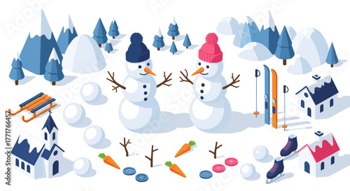 Winter wonderland snowman fun with skiing, sleighs, and scenic landscape elements in isometric style