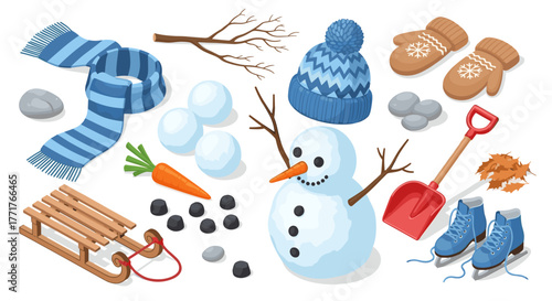 Winter fun set with snowman, skates, and cozy accessories in isometric style