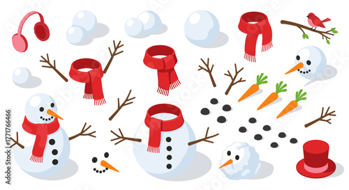 Winter snowman building elements collection for creative designs