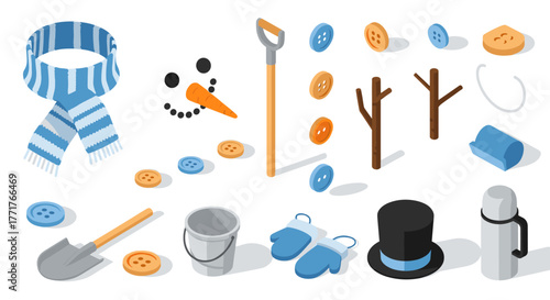 Winter snowman building kit with isometric accessories and clothing elements