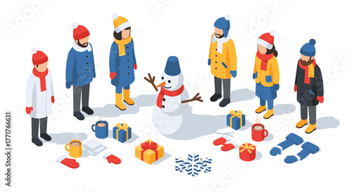 Isometric winter gathering people, snowman, gifts, and hot drinks in cozy scene