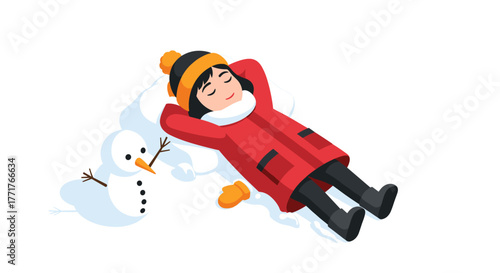 Child relaxing in snow next to a snowman in winter attire