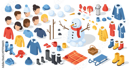 Winter clothing and accessories for snowman building in isometric style