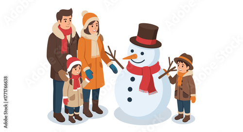 Happy family building a snowman together in winter scene