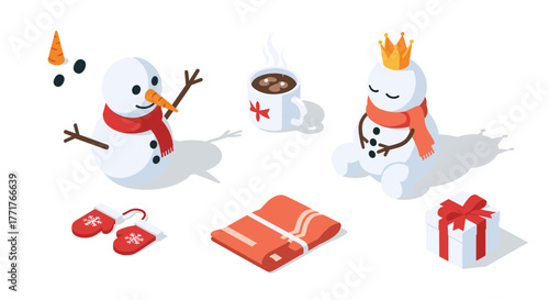 Festive winter scene with snowmen, gifts, and hot chocolate in isometric style