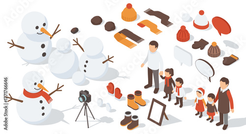 Isometric winter family scene with snowmen, clothing, and accessories