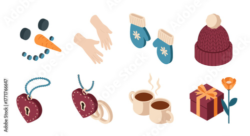 Cozy winter essentials mittens, hat, snowman parts, and hot beverages in isometric style