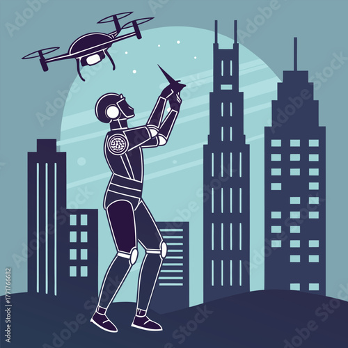 Silhouette of a humanoid robot repairing a flying drone under city lights