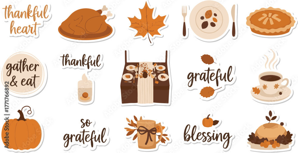 Fototapeta premium Cozy Thanksgiving Celebration Elements A Collection of Festive Autumnal Icons for Holiday Decor and Design