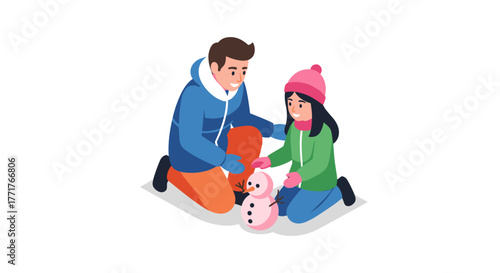 Winter fun building a snowman together in a flat design