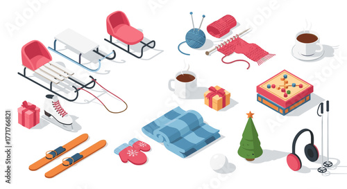 Isometric winter objects sleds, knitwear, ski gear, holiday gifts, and cozy items