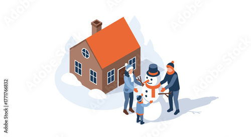 Family building snowman in winter scene with cozy house in isometric style