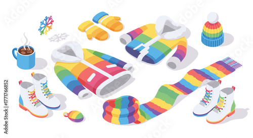 Colorful winter clothing set with rainbow patterns for cold weather fashion