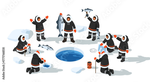 Ice fishing adventure with group of people in winter isometric scene