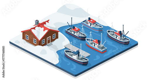 Isometric winter harbor scene with fishing boats and snowcovered cabin