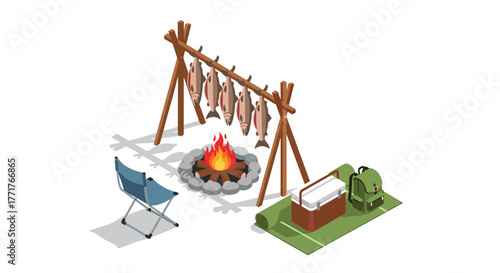 Isometric camping scene with campfire, fish drying, and camping gear