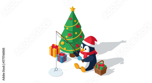 Festive penguin ice fishing by christmas tree with presents a whimsical holiday scene