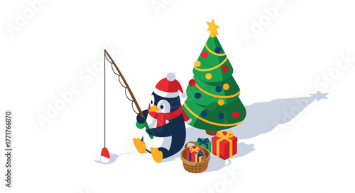 Festive penguin ice fishing by christmas tree with gifts in isometric style