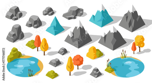 Isometric nature set with mountains, lakes, and autumn trees for design projects