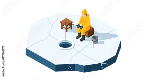 Isometric ice fishing scene with angler in yellow suit on icy surface