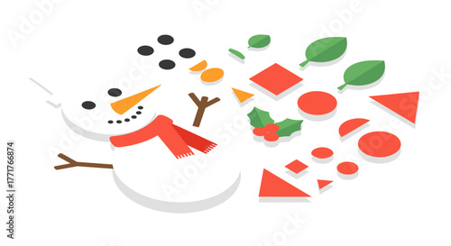 Festive snowman in fun geometric shapes with winter accessories in minimalist 3d design