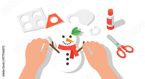 Crafting a paper snowman with accessories for kids' winter fun activities