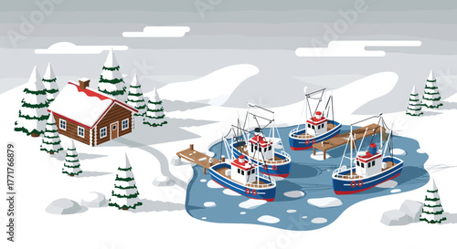 Cozy cabin and fishing boats in a snowy winter landscape