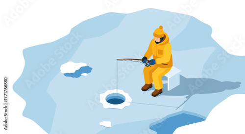 Isometric winter scene of ice fishing on a frozen lake