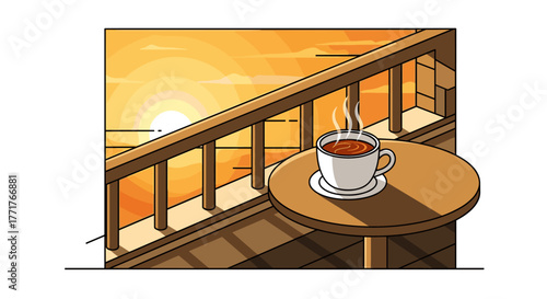 Morning coffee on balcony with sunrise view, peaceful moment with hot beverage outdoors
