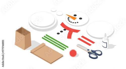 Diy winter craft flat design snowman kit with paper and glue