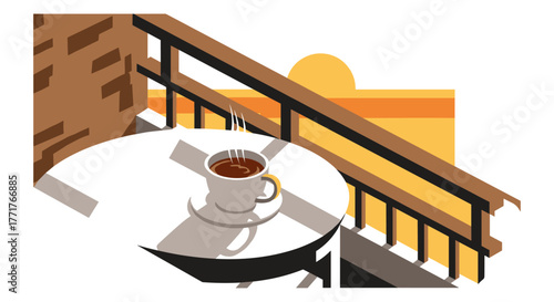 Cozy morning coffee on balcony overlooking sunrise in minimalist style
