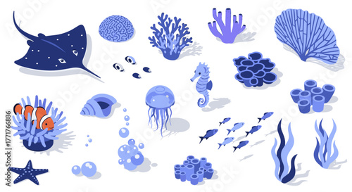 Underwater marine life in isometric style with blue tones featuring seahorses, coral, and tropical fish