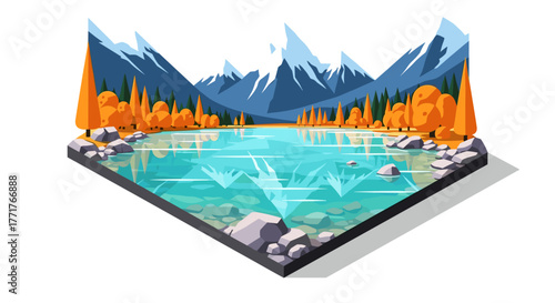 Vibrant isometric mountain lake scene with autumn trees and snowy peaks