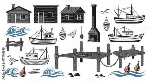 Nautical elements collection rustic cabins, boats, and waves in vintage style