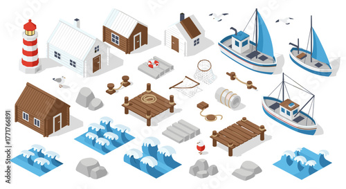 Isometric coastal elements lighthouse, boats, and cottages set