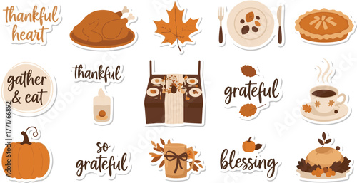 Cozy Thanksgiving Celebration Elements A Collection of Festive Autumnal Icons for Holiday Decor and Design