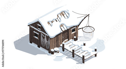 Snowcovered cabin with fishing net and pier in winter isometric design