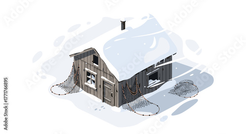 Snowy cabin with fishing nets in wintery landscape