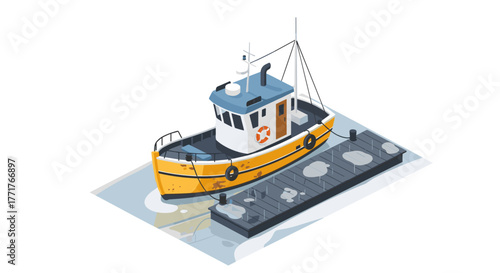 Isometric fishing boat docked at marina