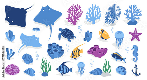 Marine life collection diverse ocean creatures and coral in flat design style