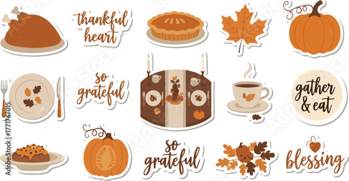 Set of Thanksgiving-themed stickers featuring seasonal icons and warm holiday greetings