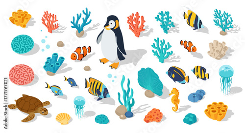 Diverse marine life set featuring penguin and coral in vibrant isometric style