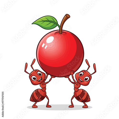 Two strong cartoon ants demonstrating teamwork by lifting a large shiny red apple.