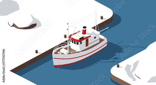 Isometric fishing boat in snowy harbor scene with blue water and red accents