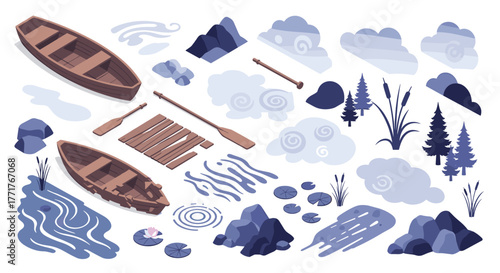 Lake scene elements with boats, rocks, and trees in flat style design
