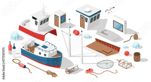 Isometric fishing equipment and boats with marine elements