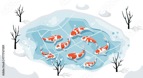 Koi fish in frozen pond amid snowy winter landscape