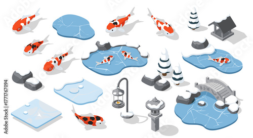 Isometric winter koi pond with snowcovered features and ice patches